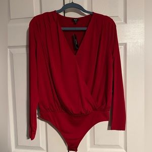 NWT Express red v-neck long sleeve faux wrap bodysuit- size medium